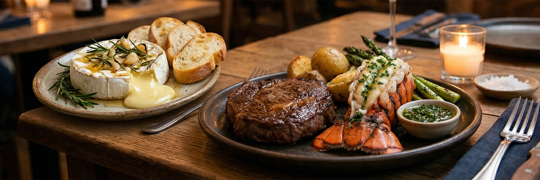 Baked Camembert with Warm Baguettes and Garlic Lobster & Ribeye