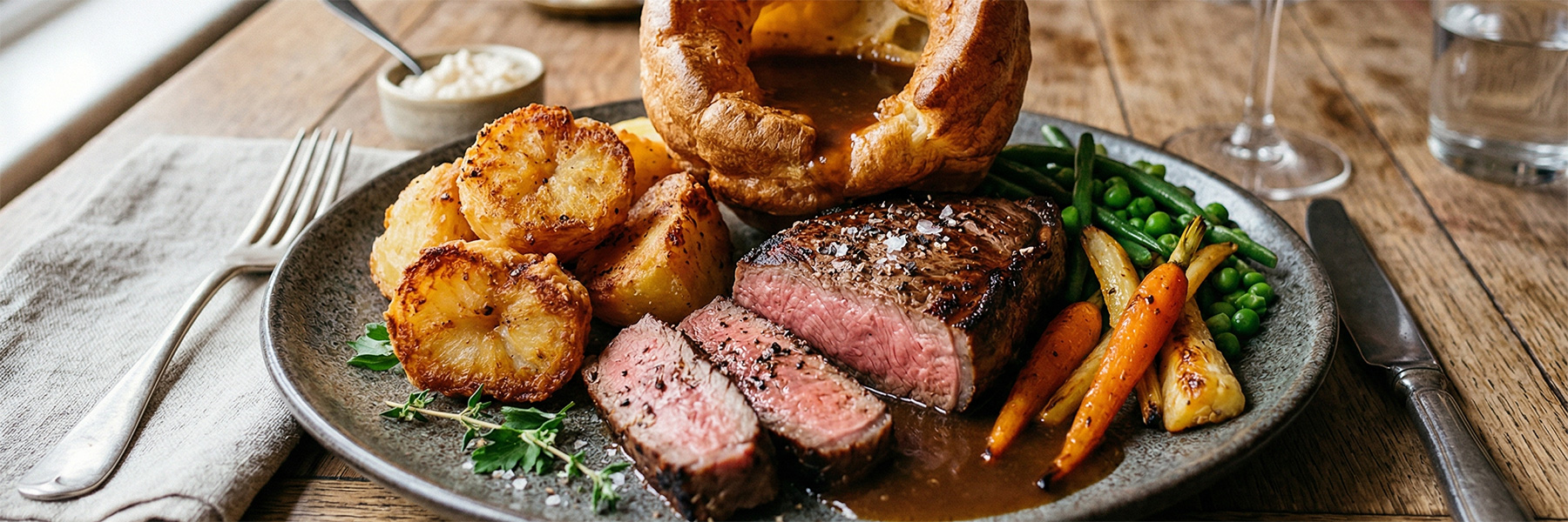 An Aberdeen sirloin with beef dripping roasties and a Yorkshire pudding