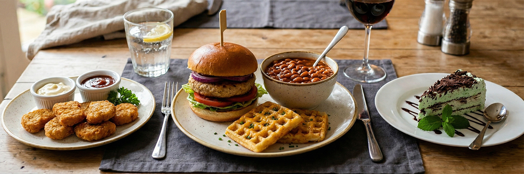 Chicken nuggets followed by a turkey burger and potato waffles & Mint Viennetta